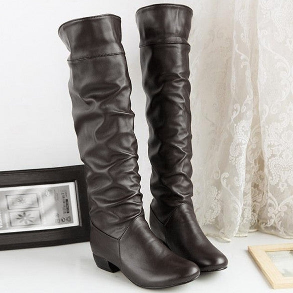 Women's Grace Devise Round Toe Synthetic Leather Flat Knee High Boots ...