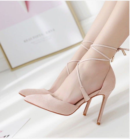 pointed toe tie up heels