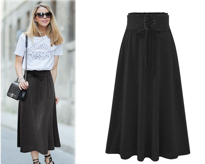 Lace Up Elastic Solid Pleated Long Skirt