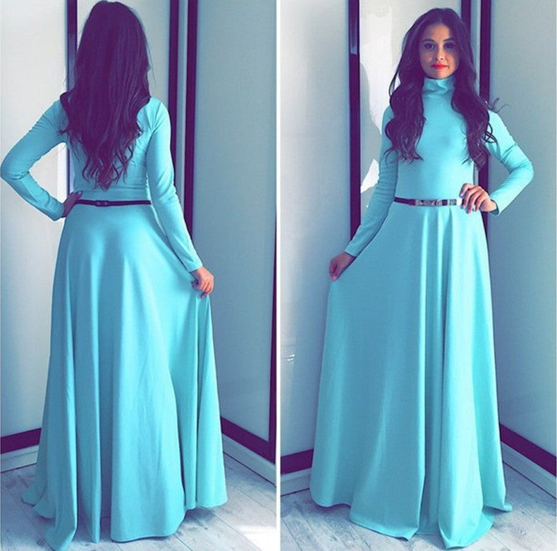 High-neck Solid Long Sleeves Pleated Long Party Dress – Meet Yours Fashion