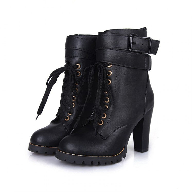 Classic Thicken Cross Belt High-Heeled Martin Boots