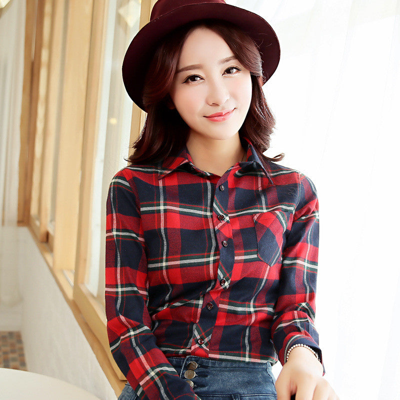 Long Sleeves Slim Plaid Turn Down Collar Flower Print Blouse 