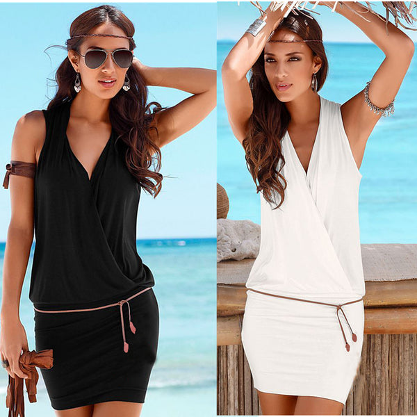Deep V-neck Solid Belt A-line Short Beach Dress – Meet Yours Fashion