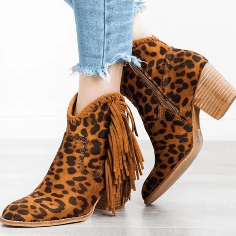 leopard print booties with fringe