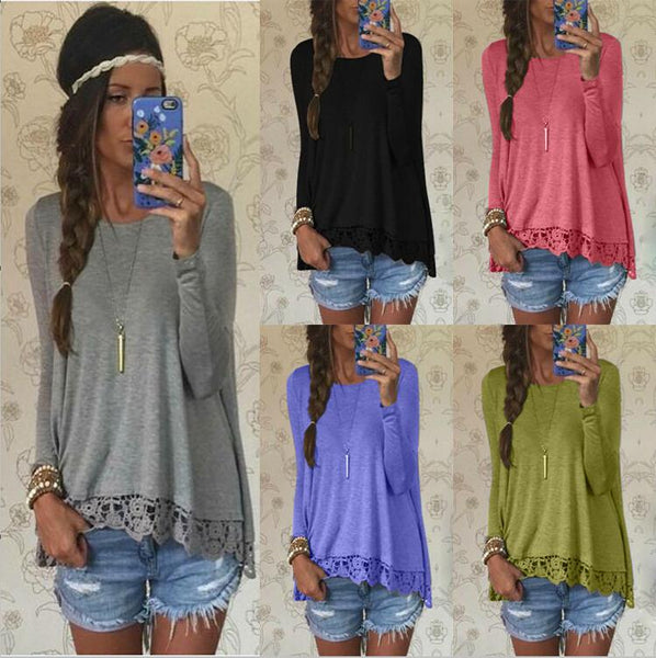 Lace Patchwork Long Sleeves Casual Loose Scoop T-shirt – Meet Yours Fashion