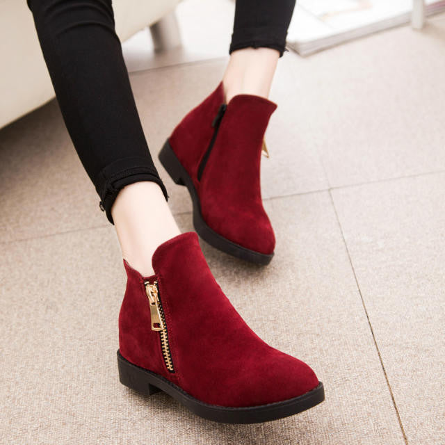 red flat ankle boots