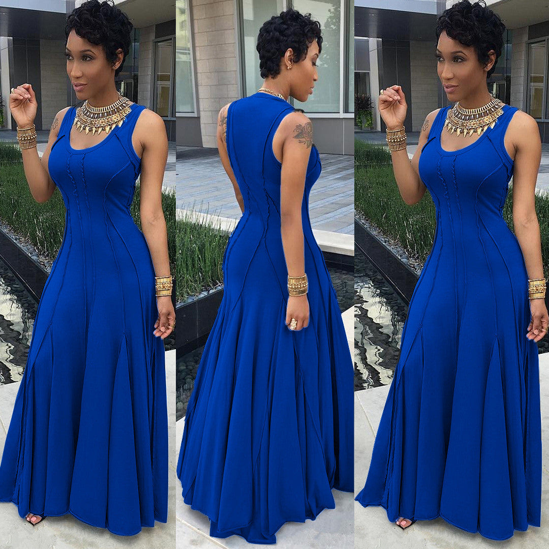 Scoop Sleeveless Solid High-waist Pleated Long Dress