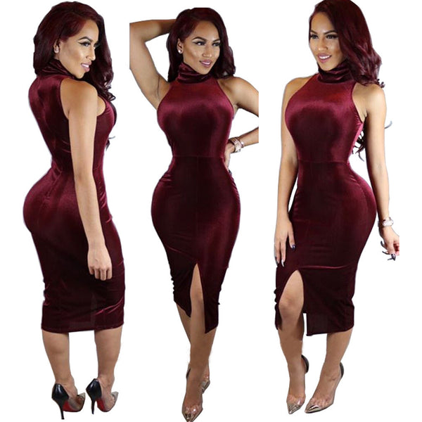 High Neck Sleeveless Front Split Short Bodycon Dress – Meet Yours Fashion