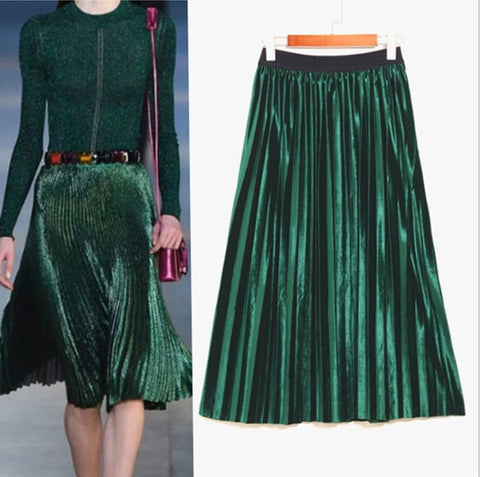 green pleated long skirt