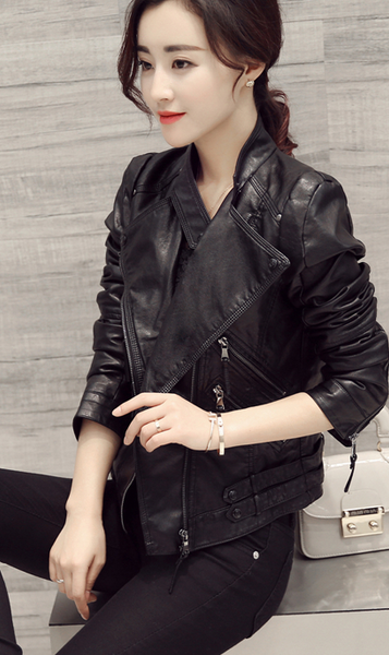 Black Oblique Zipper Slim Stand Collar Crop Jacket – Meet Yours Fashion
