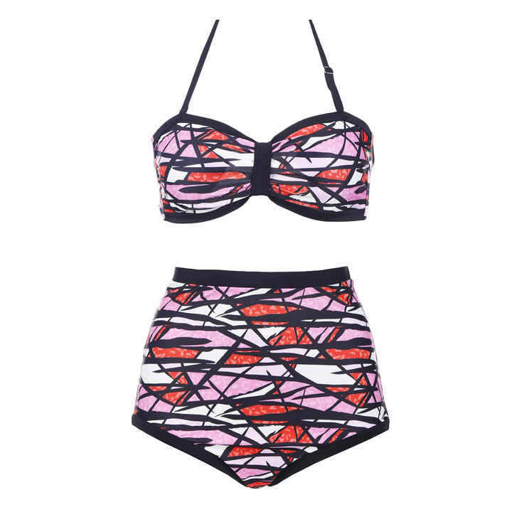 Halter Contrast Color Push-up High Waist Bikini Set Swimsuit