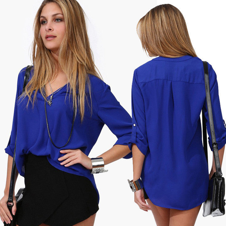 Spring Summer Long Sleeve Chiffon V-neck Blouse