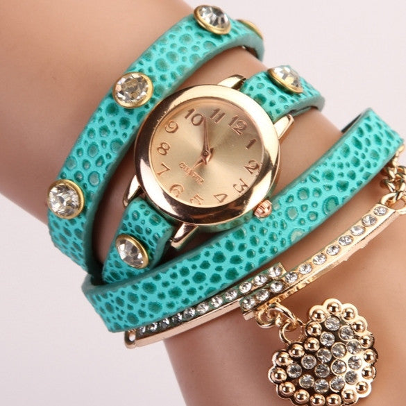 Fashion Women Casual Watches Crystal Faux Leather Strap Long Chain Qua