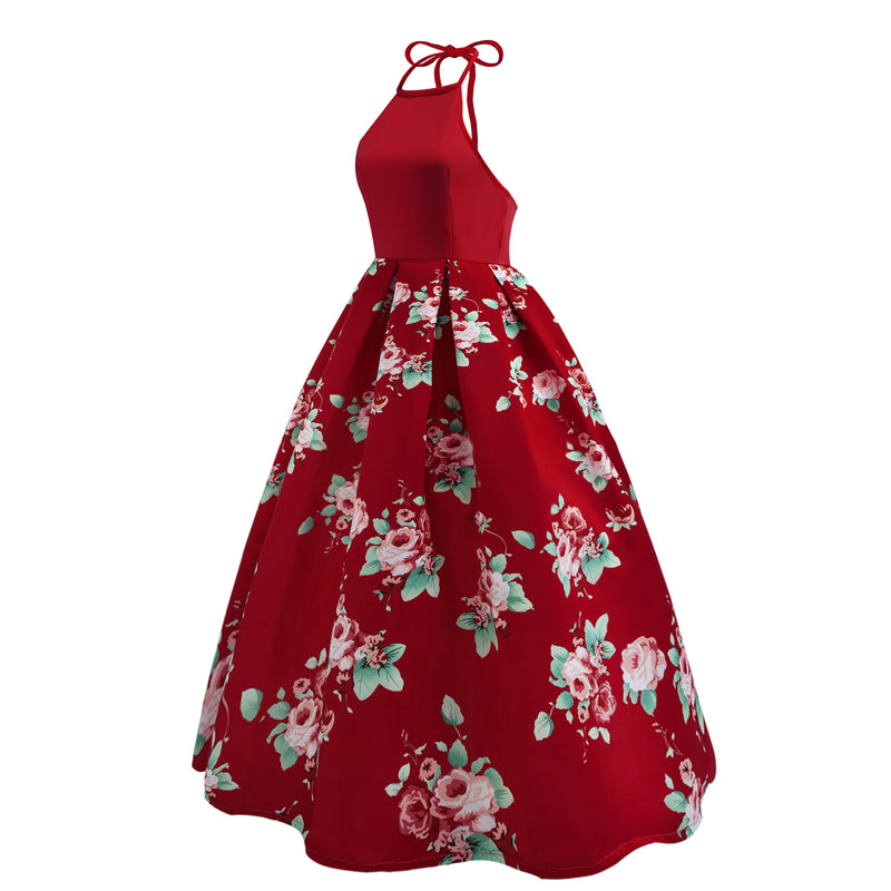 Halter Sleeveless Flower Print Patchwork Flared Maxi Dress – Meet Yours ...