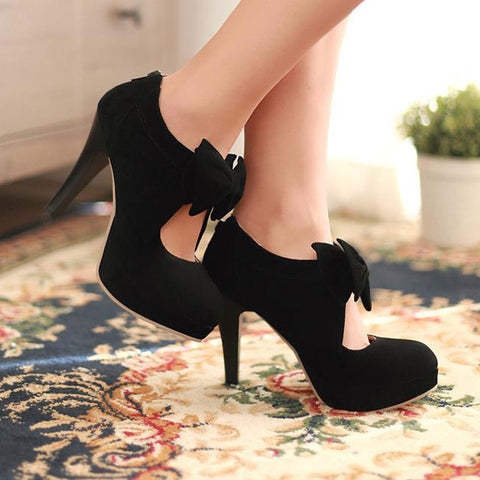 black high heels with bow