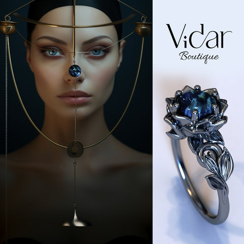 Black Gold Opal Flower Engagement Ring