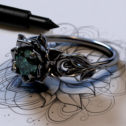 Black Gold Flower Emerald Gothic Engagement Ring