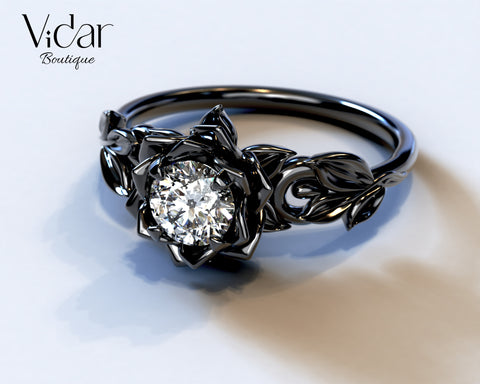 Black Gold Engagement Ring Lotus Flower gothic engagement ring