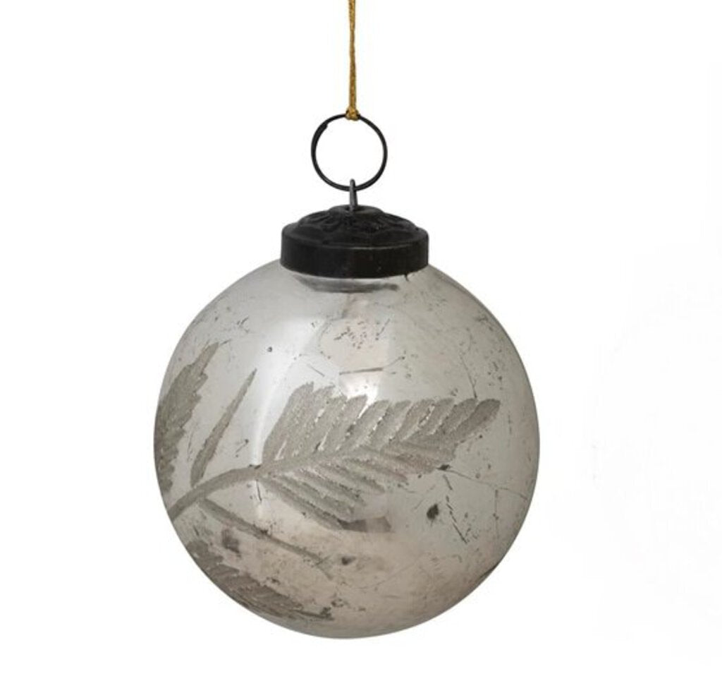 Mercury Glass Ball Ornament with Etched Botanical S1, 5"