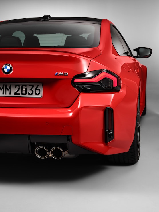 Rear View Stance of 2023 BMW G87 M2 in Toronto Red