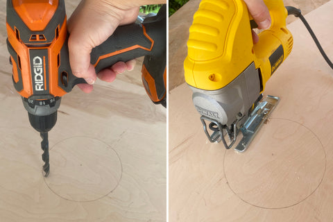 cutting a hole in the diy hairpin legs cornhole board top