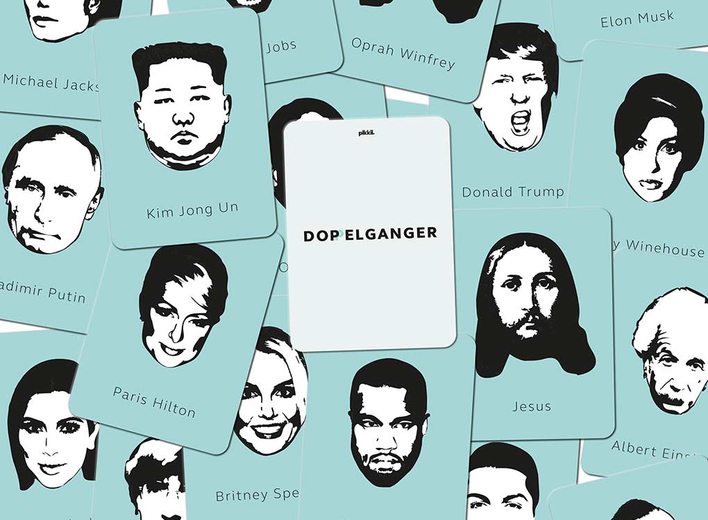 Pikkii doppelganger card game with faces of celebrities and political leaders like paris hilton and donald trump