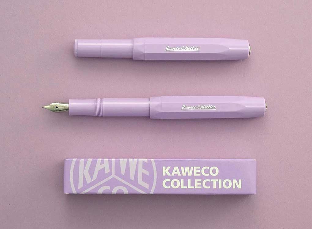 kaweko light lavender collection fountain pen on a matching background with box and lid