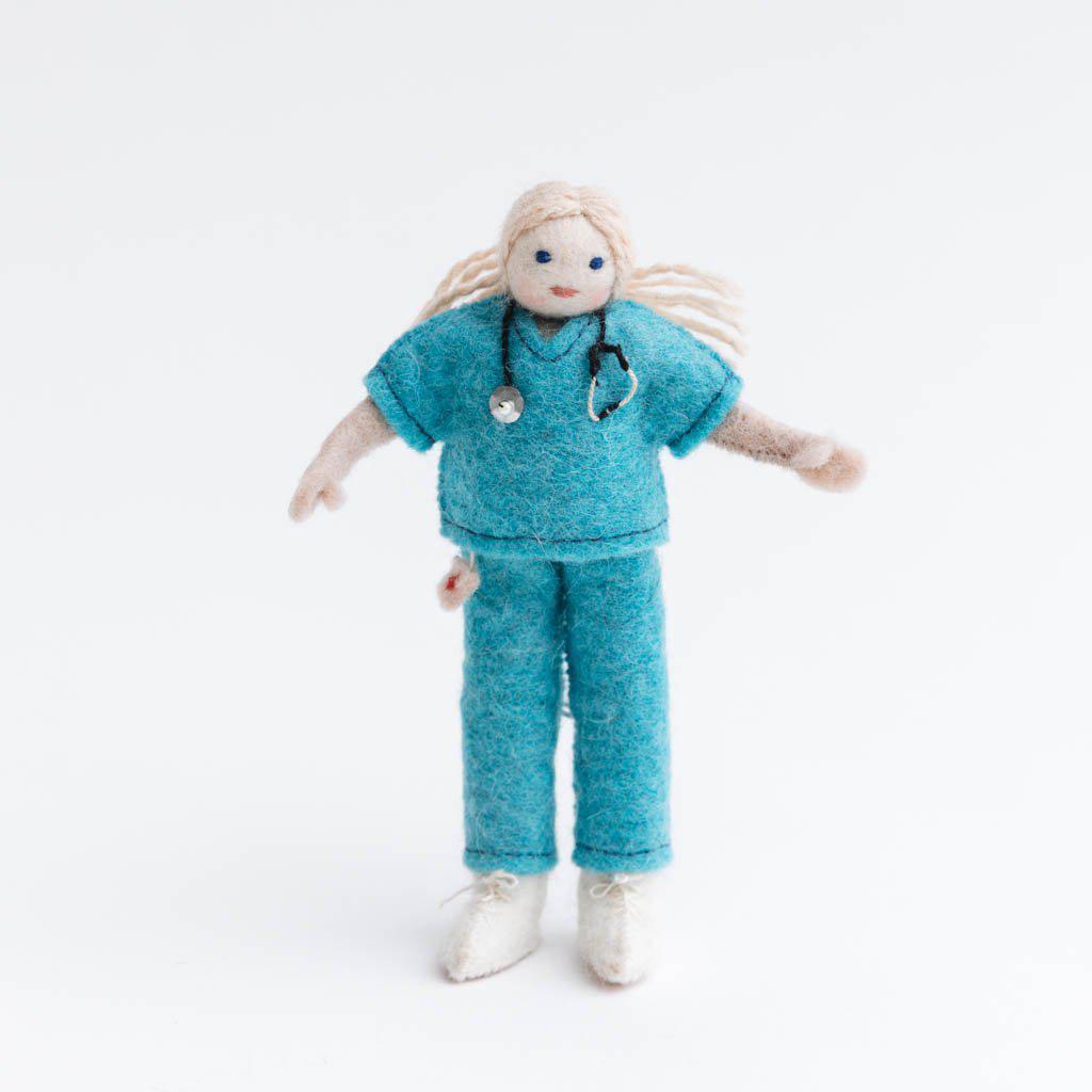 Hand Felted Blonde Female Nurse in Blue Scrubs Ornament – Craftspring