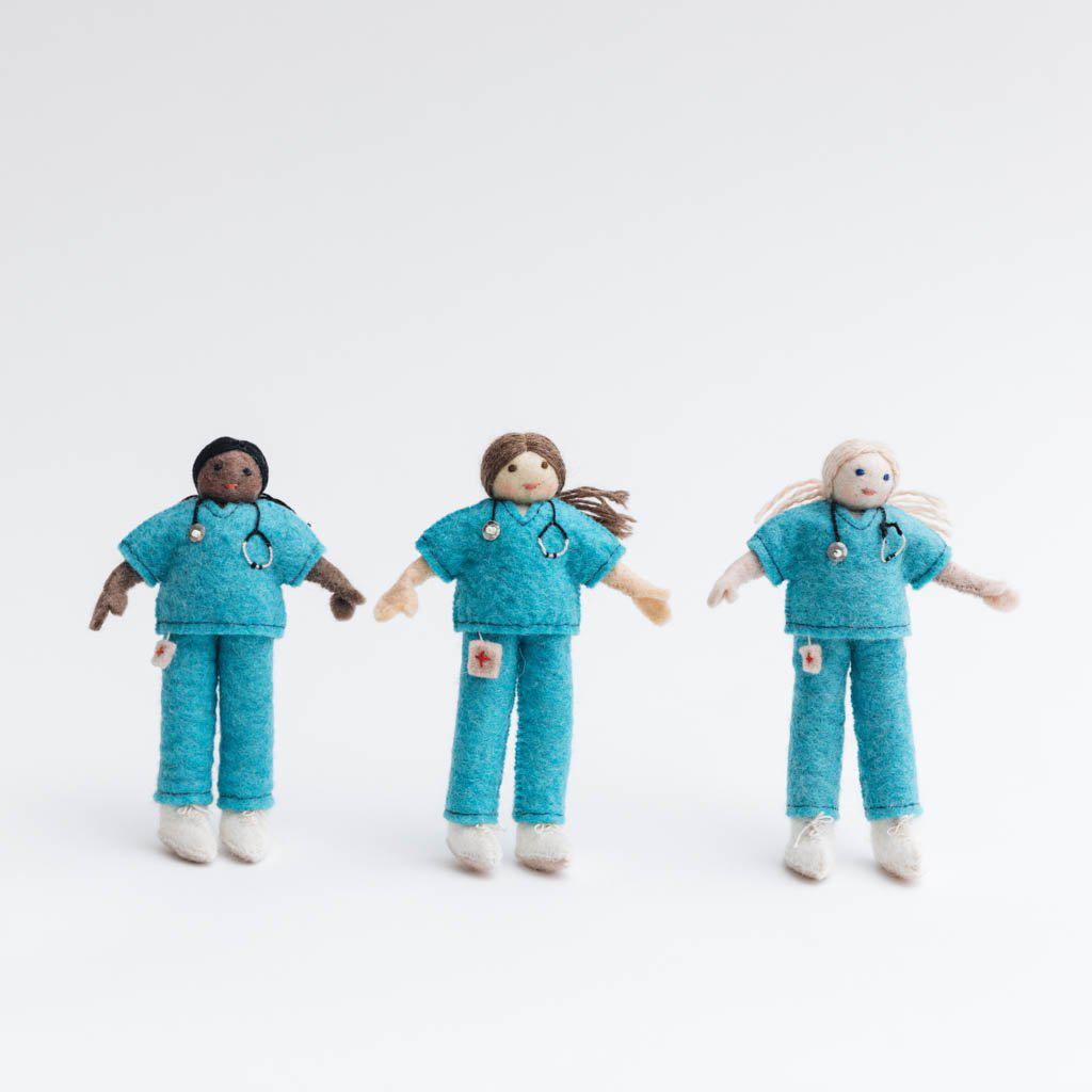 Hand Felted Blonde Female Nurse in Blue Scrubs Ornament – Craftspring
