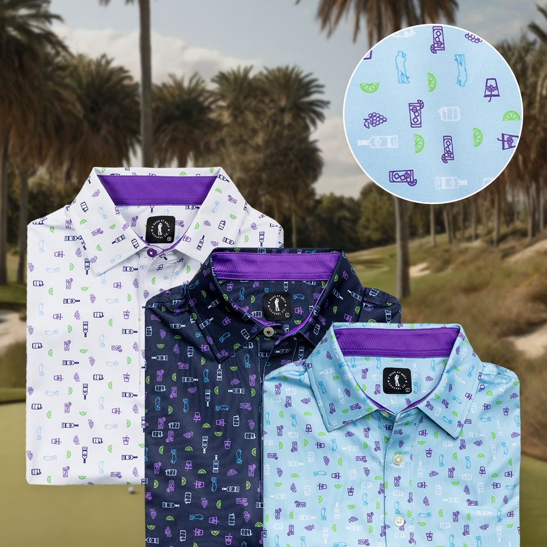 Three patterned golf shirts displayed against a palm tree backdrop with a close-up of fabric design.