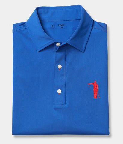 Blue polo with logo on chest of man dropping a golf ball