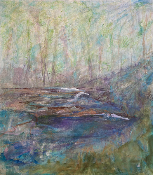 By the Brook, acrylic on canvas abstract landscape painting by Cerulean Arts Collective Member Judy Caldwell. 