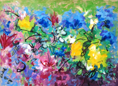 Summer Garden with Blue, gouache and ink on paper painting by Cerulean Arts Collective Member Ruth Formica