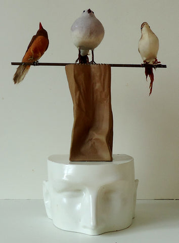 Bird Brained, found object assemblage sculpture by Cerulean Arts Collective member Kathleen McSherry.