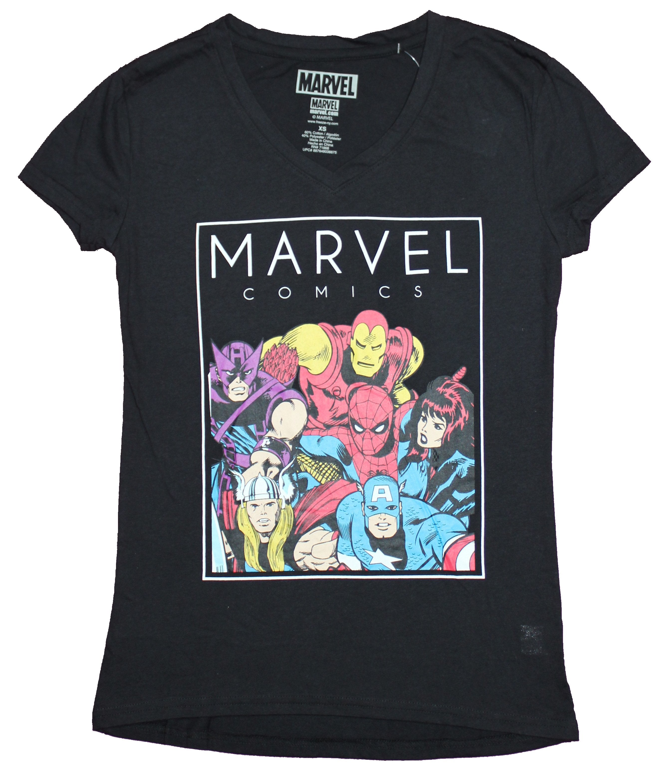 Marvel Comics Girls Juniors V-Neck T-Shirt - White Boxed Character Pile Image