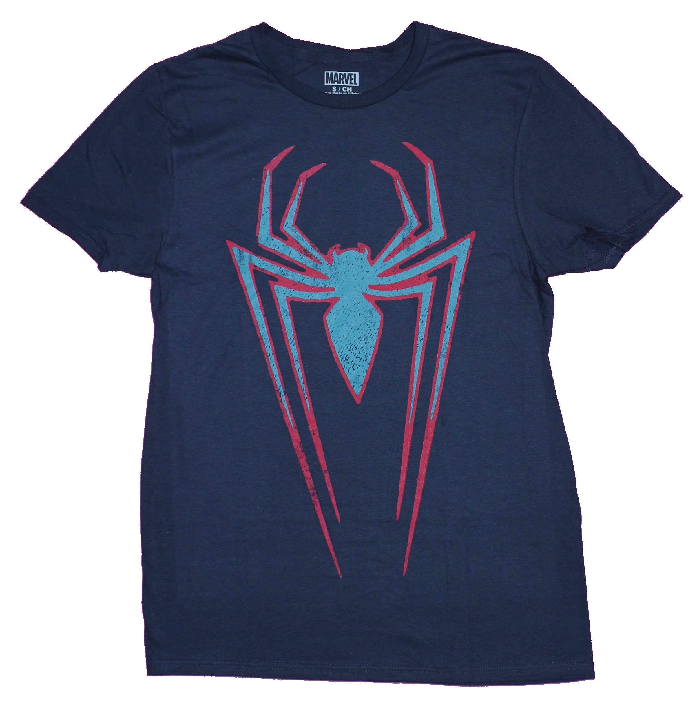 Spider-man Mens T-Shirt - Classic Long Blue Logo Outlined in Red