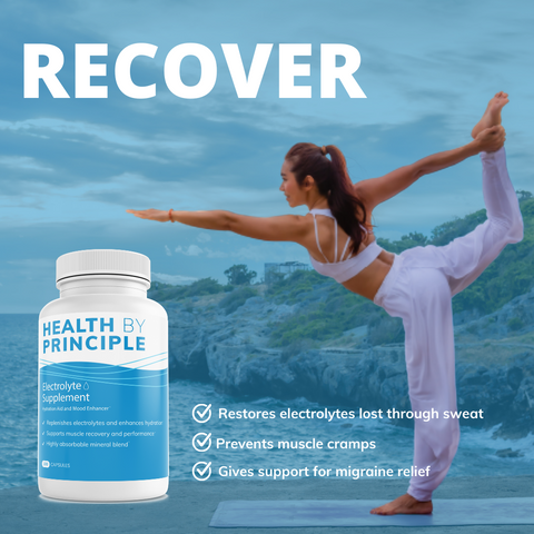 woman does yoga pose by the ocean with Health By Principle Electrolyte Supplement ad