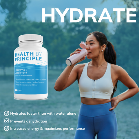 Woman in exercise clothes drinks water, Health By Principle electrolyte supplement 