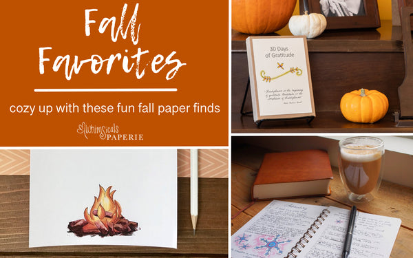 fall paper finds graphic featuring a campfire notepad, 30 days of gratitude sitting near pumpkins, and a gratitude journal near a book and cup of coffee