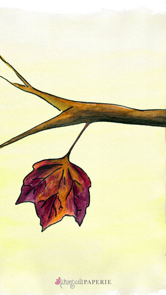 illustrated phone wallpaper of a single autumn leaf on a branch with a yellow background