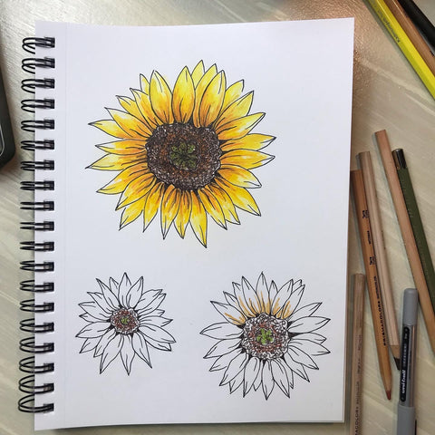 a drawing of three sunflowers. One is colored in, one partially colored in, and one is outlined in pen only.