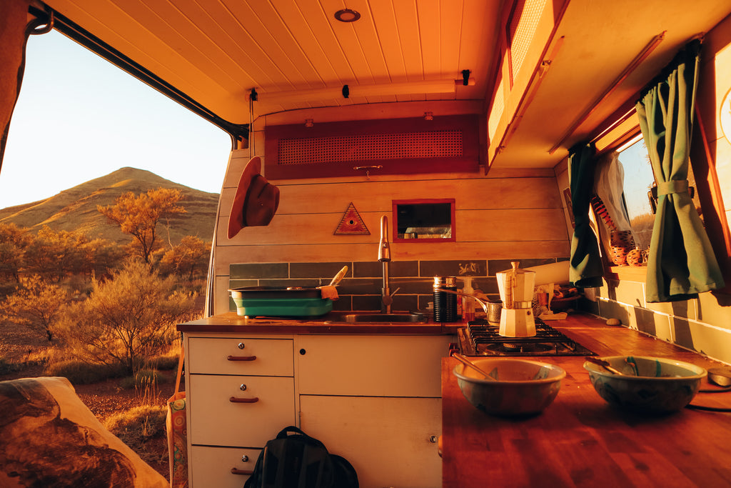 campervan kitchen in morning light