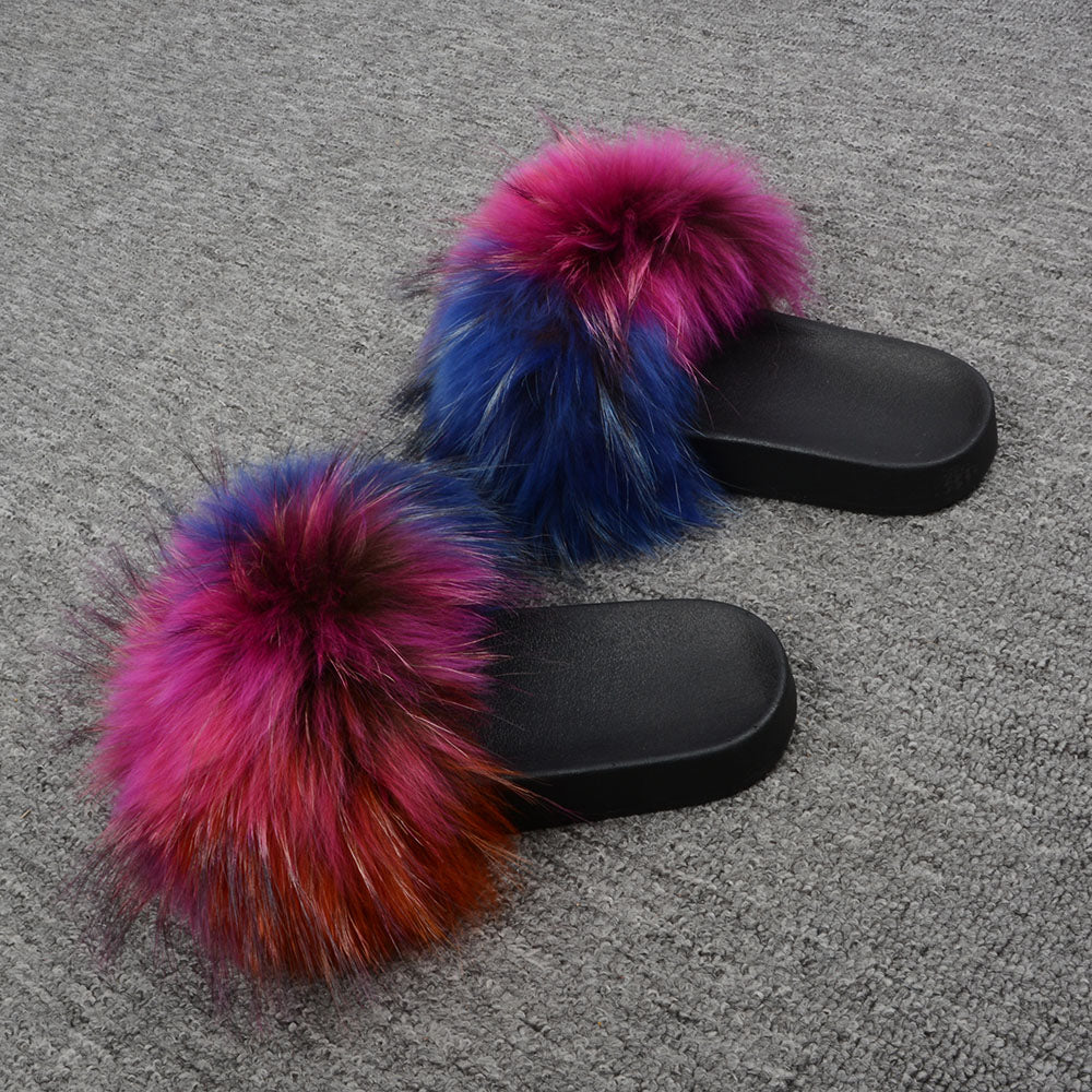 multicolor fur slides