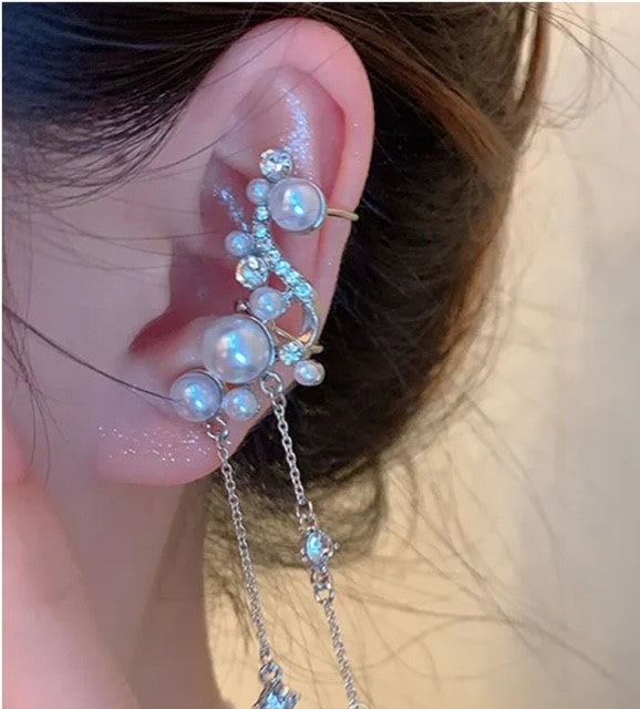 Ear clip on 4" silver white pearl and clear stone dangle earrings