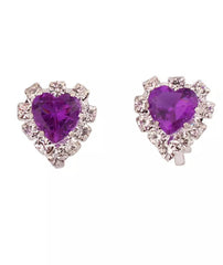 Clip on small silver purple and clear stone heart earrings