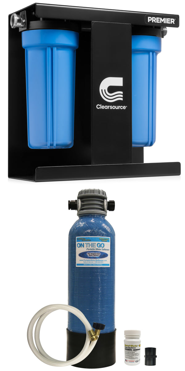 Essential RV Water Softener Portable 8,000 Grain W Custom Hose, 3/4 Fittings, Softens Hard Water for RV's Vanlife Nomads Boondockers, New Lighter 