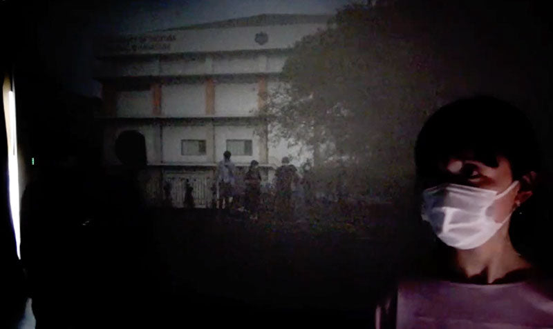 Tsukuba Camera Obscura, Zoom video screenshot, woman on the right and visual media lab students outside