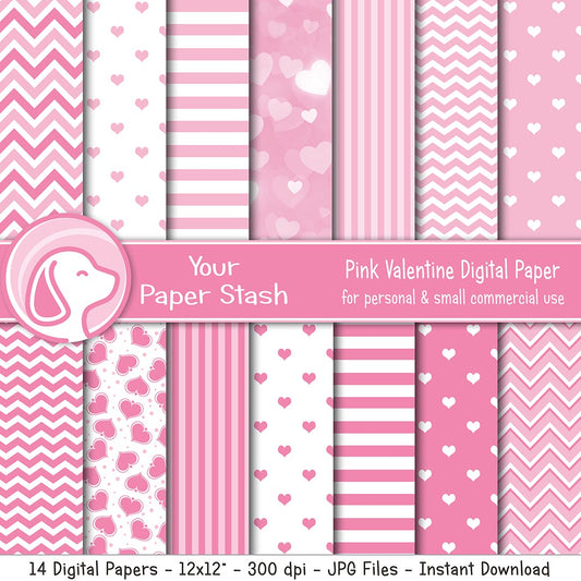 Valentine's day paper,14 scrapbook papers, pink and red paper, paper  pack,hearts paper, instant download, free commercial use,junk journal