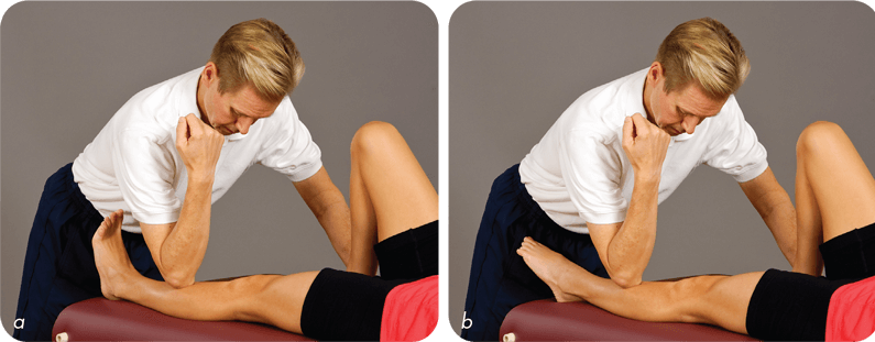 Figure 5.27 Applying active assisted soft tissue release to the tibialis anterior involves (a) first applying a lock with the ankle in dorsiflexion and then (b) asking your client to plantar flex the foot and ankle.