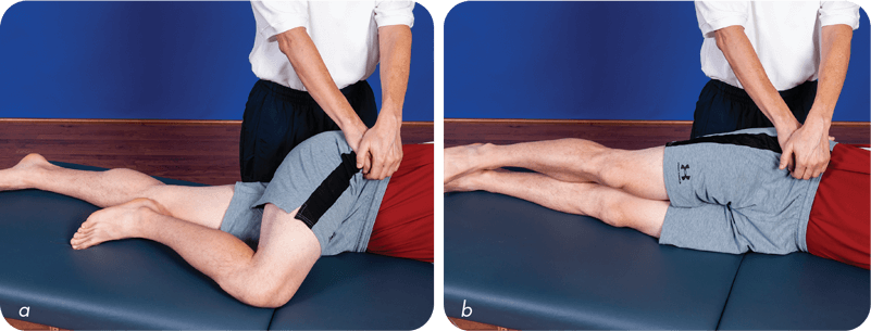 Figure 3.18 (a) Locking the iliacus with a client in the side-lying position, followed by (b) active hip extension as the lock is maintained by the therapist.